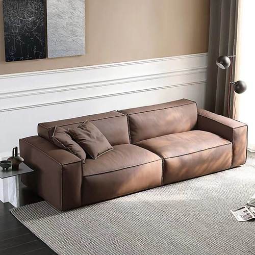 Italian minimalist tofu block leather sofa small apartment medium thick first layer cowhide three person retro straight living room sofa