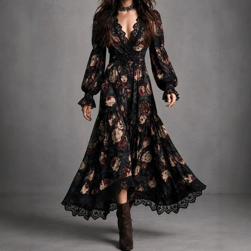 Cross-border women's long dress, European and American retro style, rose print fabric, wrap design, pleated waist, lace trim Cross-border women's long dress, European and American retro style, rose print fabric, wrap design, pleated waist, lace trim