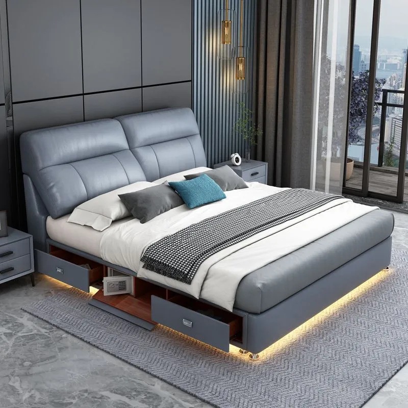 Cama de cuero multifuncional, cama doble del dormitorio principal, cama de boda de 1,8 m, cama de cuero suave y simple moderna, suministro directo de fábrica 1.5