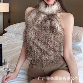 辣妹豹纹挂脖吊带背心女冬季2025新款气质短款修身显瘦无袖上衣潮