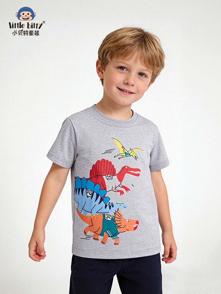 European and American Children's Clothing 26Th Spring/Summer Boys' T-Shirt with Cartoon Dinosaur Print, Round Neck, Short-Sleeve Base Shirt for Kids, in Stock