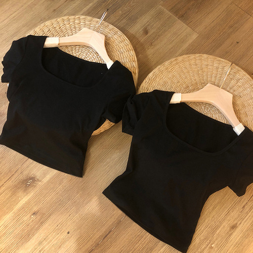 Cotton Short Sleeve T-Shirt for Women - Summer 2025, Design-Oriented, Niche, Base Layer, High-Waisted, Short Style, Square Collar Top for Layering