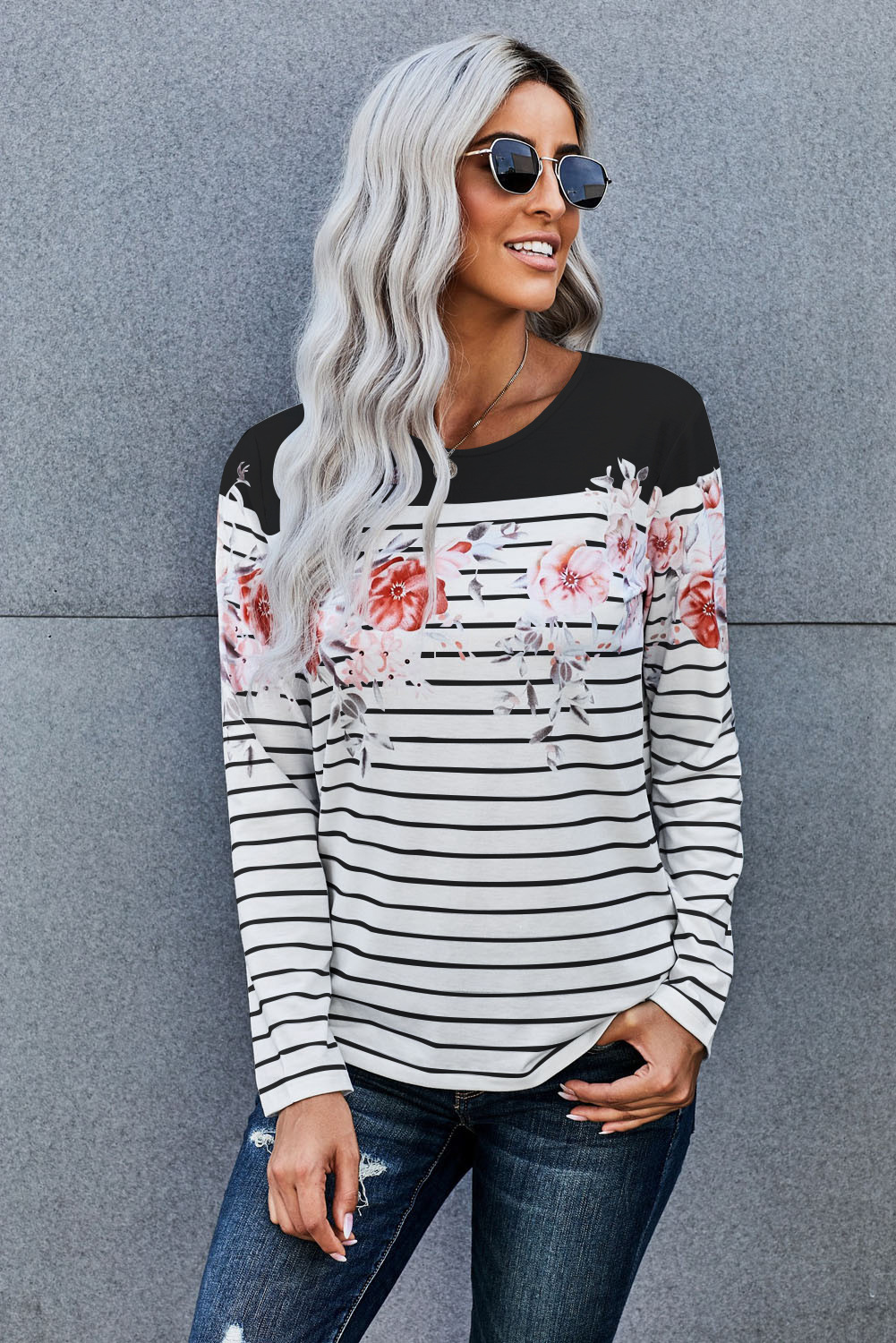 long-sleeved striped round neck top NSSI16543