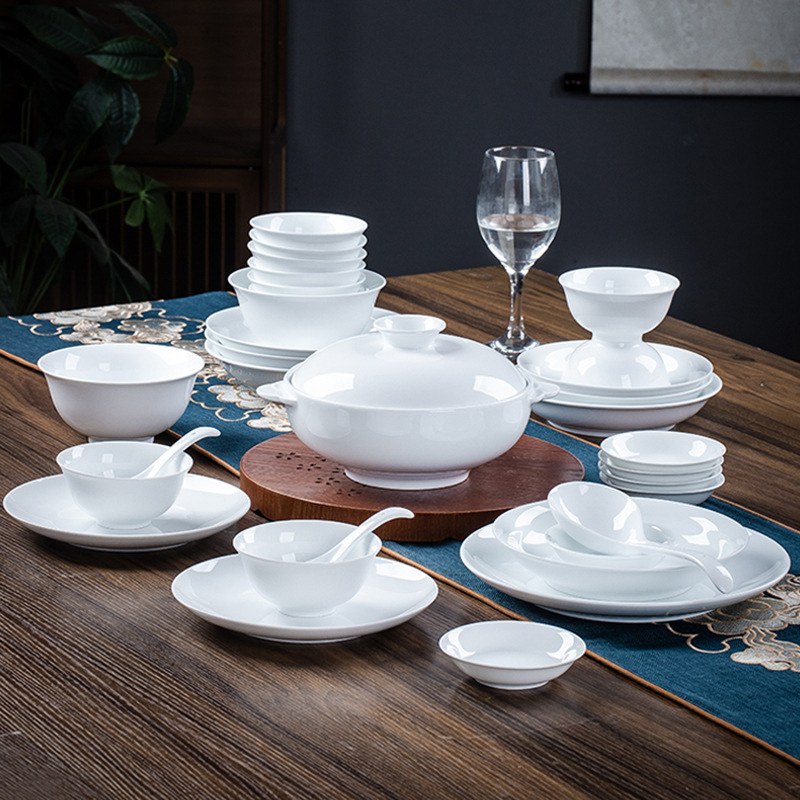 White Porcelain Tableware Set 2025 New Chinoiserie Underglaze Color Jingdezhen Simple High White Porcelain Dishes Manufacturer Wholesale