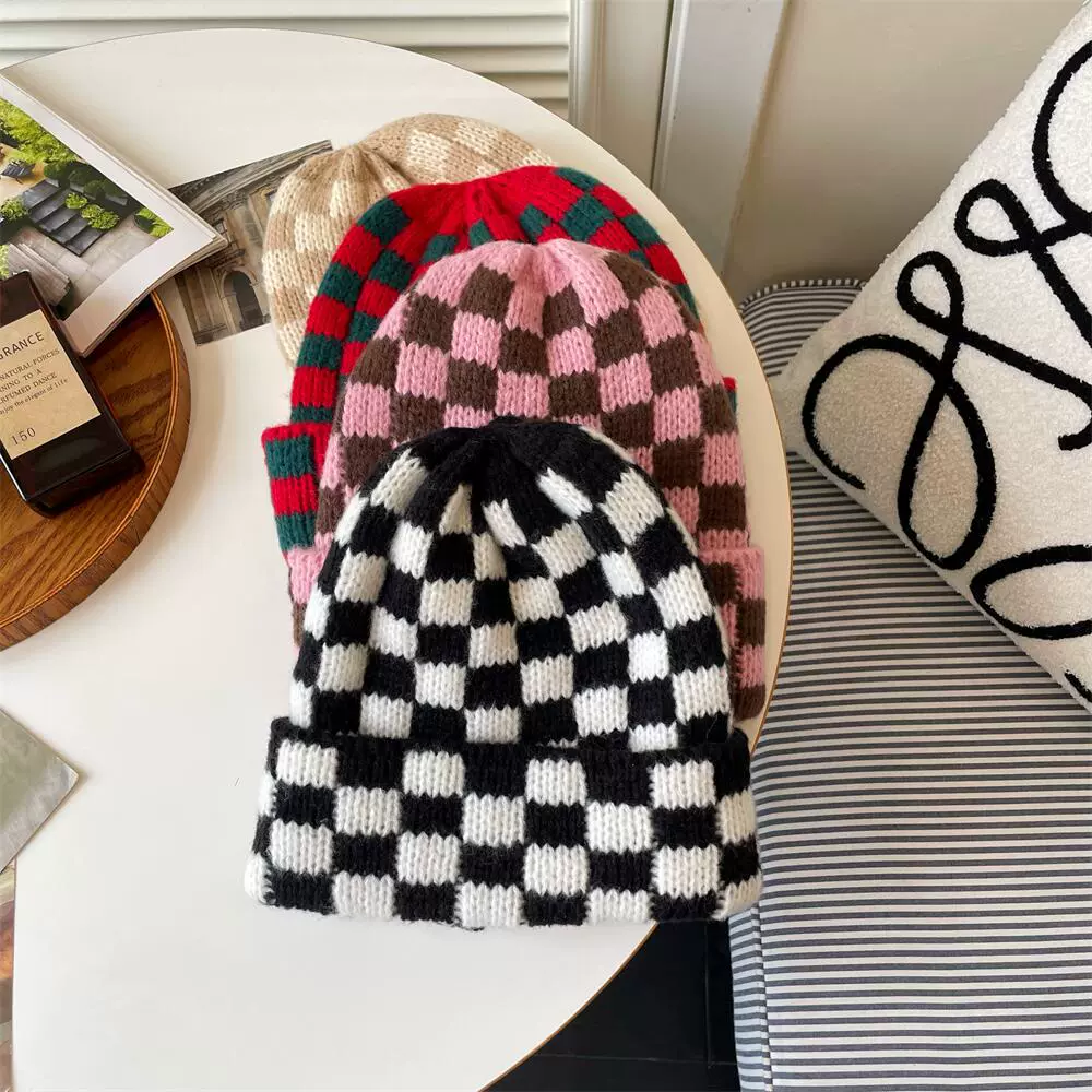 Demi-season double-layer chess, universal keep warm woolen knitted hat, increased thickness, oversize