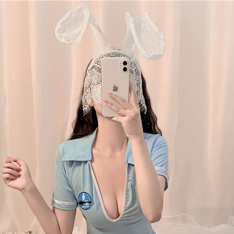 Sexy sexy Lencería uniforme tentación accesorios diadema encaje velo bola ojo máscara Orejas de conejo reina máscara