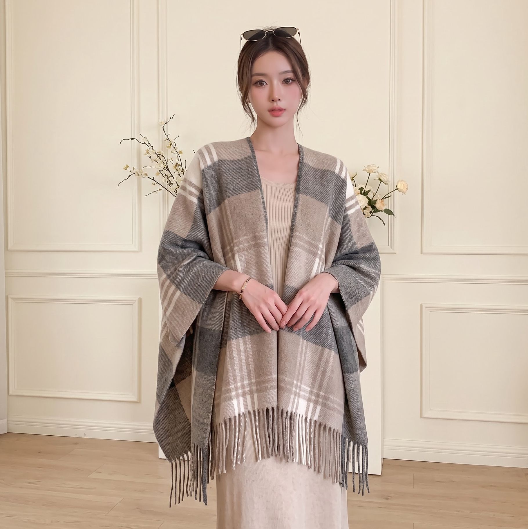 New popular autumn and winter thick plaid scarf for women, Japanese and Korean sweet warm neck scarf, shawl accessory to be worn over a cape