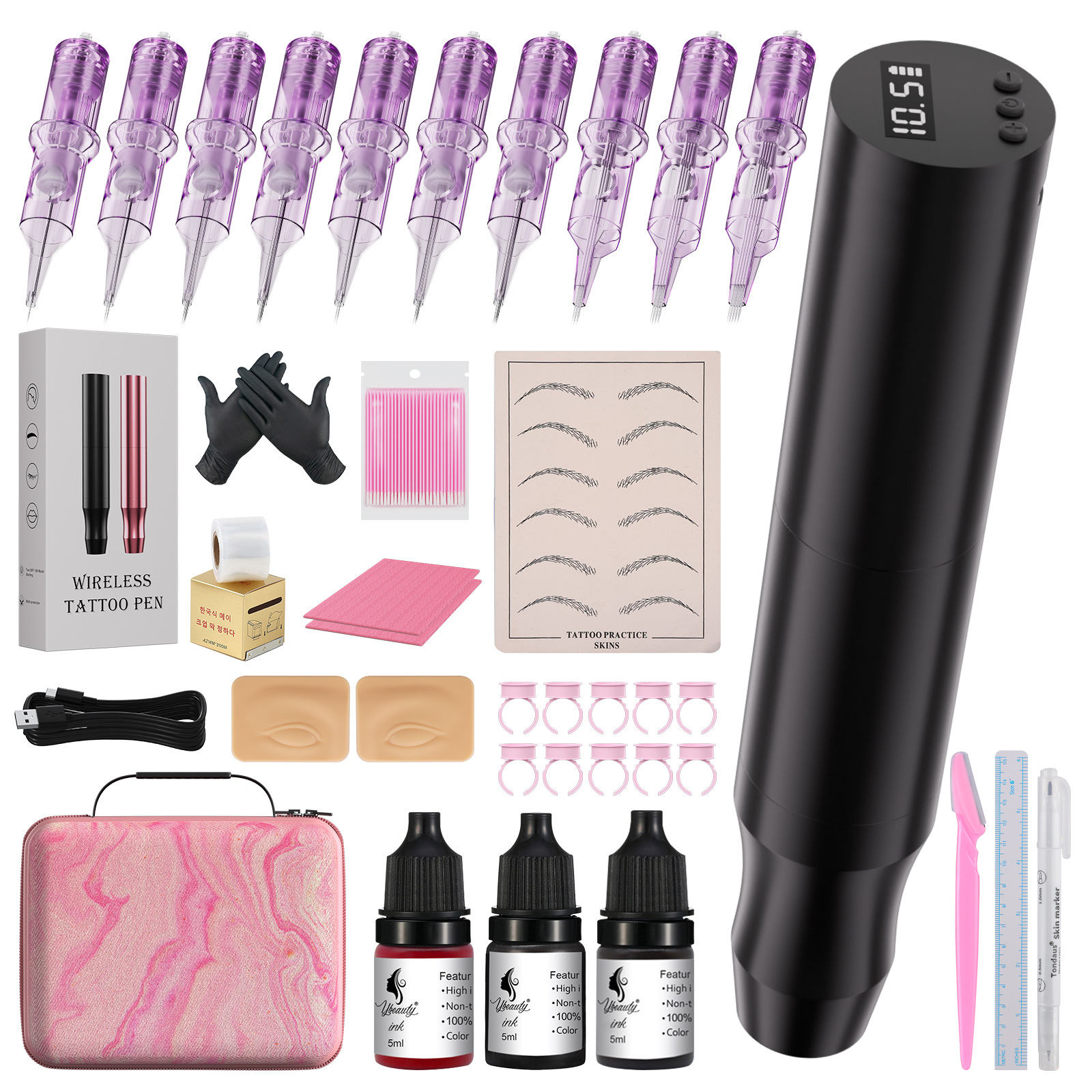 Batería USB inalámbrica pintagon de tatuajes de cejas bordadas herramientas de línea de ojos con bolsa de almacenamiento conjunto completo de suministros de bordado
