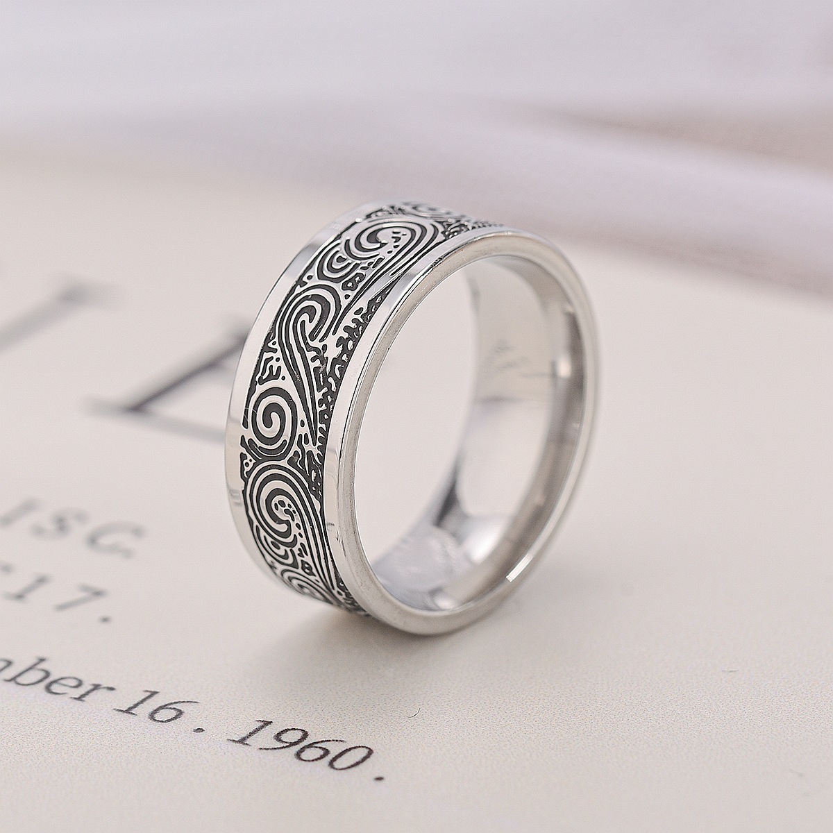 Titanium Steel Material Geometric Pattern Retro Titanium Steel Geometric Men Band Rings