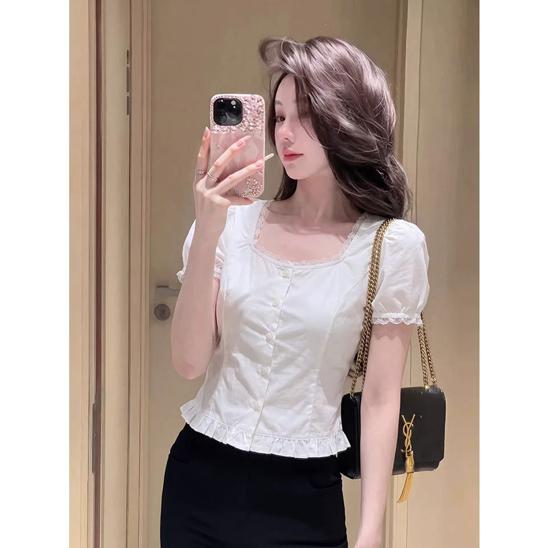 French Sweet Style White Puff Sleeve Square Collar Shirt for Women 2026 Summer New Style Ruffled Tie Slimming Blouse French Sweet Style White Puff Sleeve Square Collar Shirt for Women 2026 Summer New Style Ruffled Tie Slimming Blouse