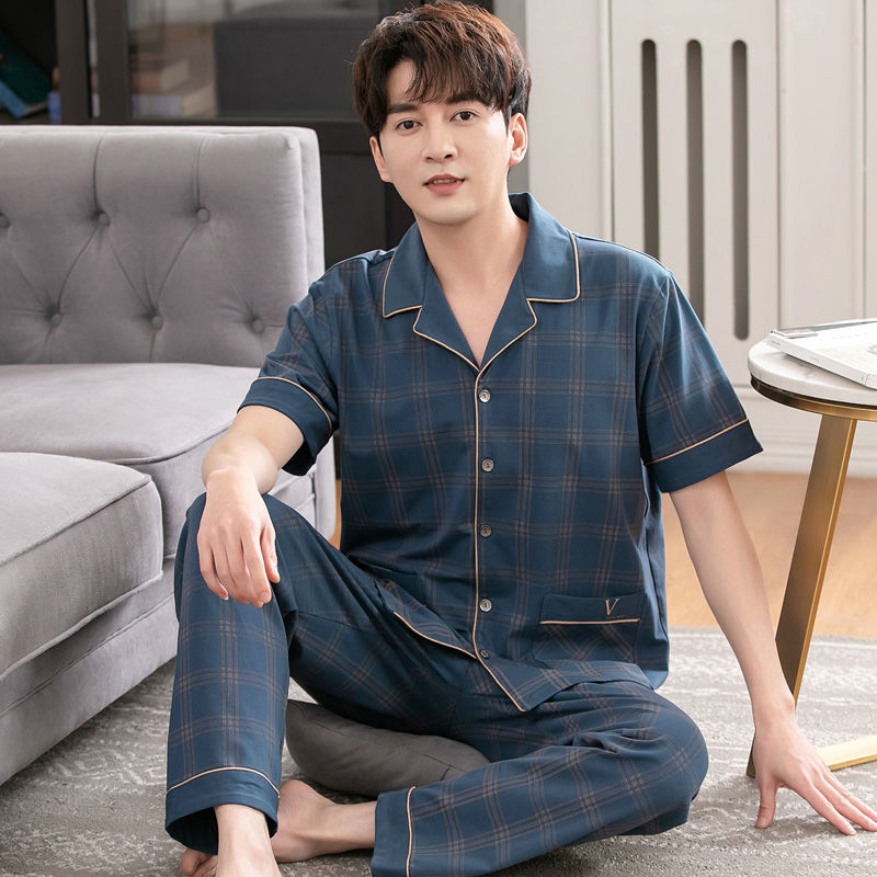 Pijamas de los hombres de verano 100% algodón pantalones de manga corta de media manga de primavera y otoño delgada cardigan ropa para el hogar más tamaño