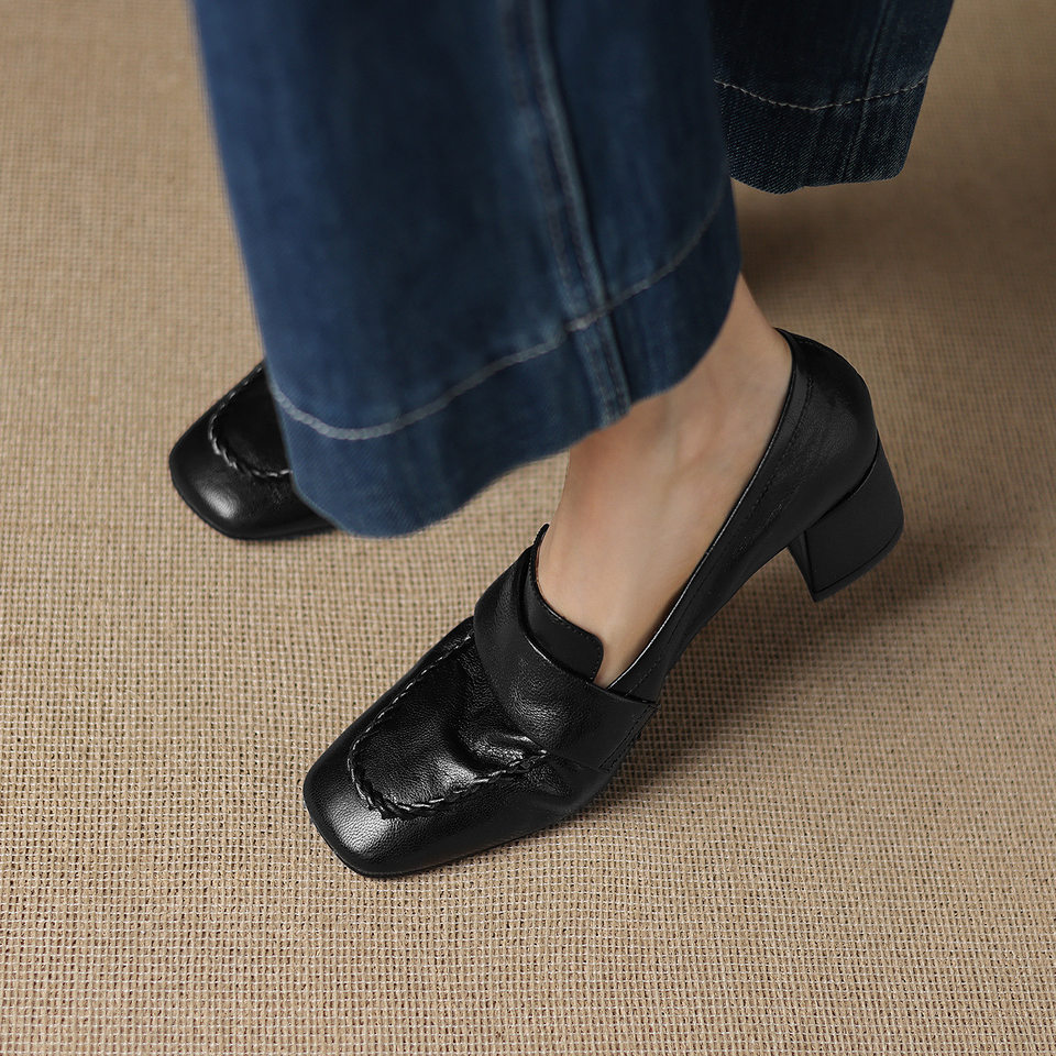 Giày cao gót nữ mũi nhọn da dê 5cm — màu nâu