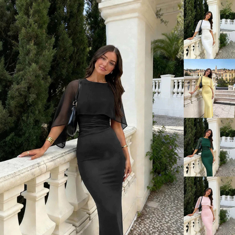 2026 New European and American Cross-Border Elegant Waist-Cinching Bodycon Long Dress with Solid Color Patchwork and Flutter Sleeves 2026 New European and American Cross-Border Elegant Waist-Cinching Bodycon Long Dress with Solid Color Patchwork and Flutter Sleeves