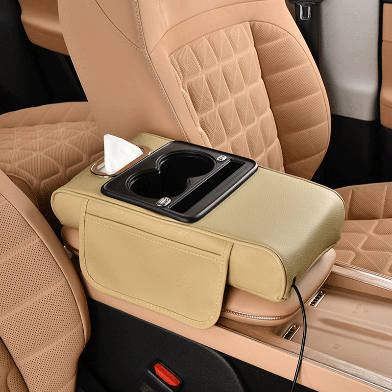 Rechargeable Car Armrest Box Heightening Pad with Cup Holder