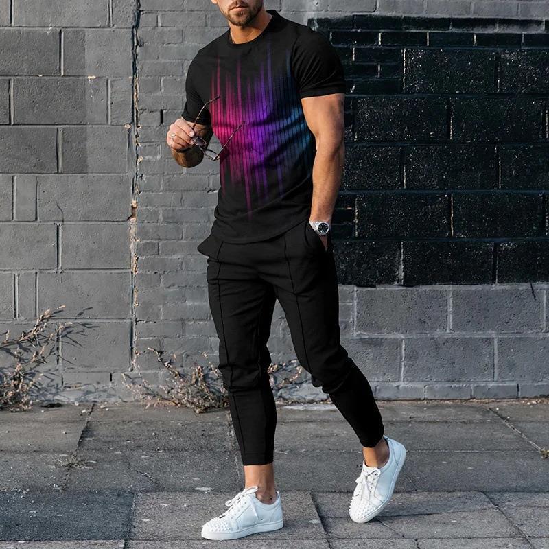 男性のスーツの夏の青年の半袖のtシャツのストライプは色のゆったりした弾力の薄い運動のズボンの2つのセットをつづり合わせます。|undefined