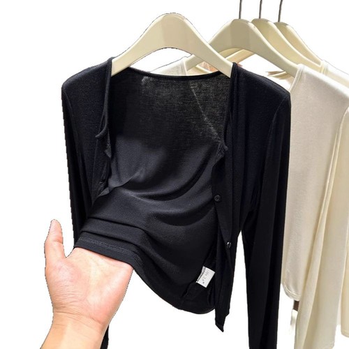 Black ice silk knitted sunscreen cardigan for women in summer with suspender skirt with small shawl jacket thin air conditioning blouse