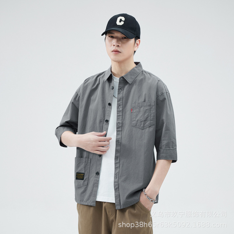 Hombre de alta calidad 100 algodón de manga corta verano delgado suelto siete puntos camisa casual camisa de trabajo chaqueta exterior