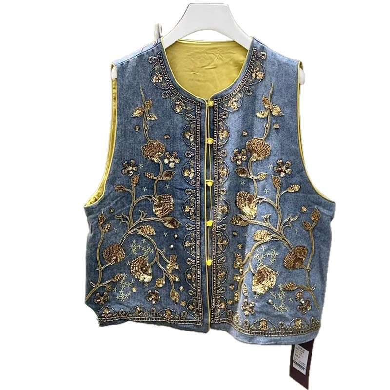 Nuevo estilo chino de la industria pesada bordada sequinilla clavado chaleco de vaqueros primavera nuevo plegado lujo ligero camisa de hombro para mujeres image 5