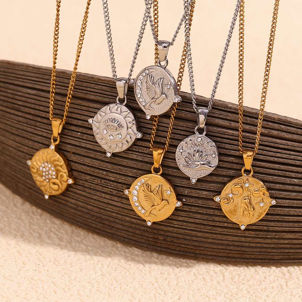 Zircon Inlaid Tarot Stainless Steel Pendant Necklace