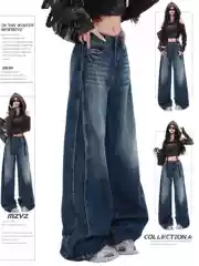 Overseas Vintage Blue Carpenter Curve Jeans for Women Relaxed Straight Leg Sickle Design Pants Streetwear