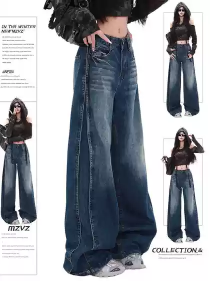 Overseas Vintage Blue Carpenter Curve Jeans for Women Relaxed Straight Leg Sickle Design Pants Streetwear