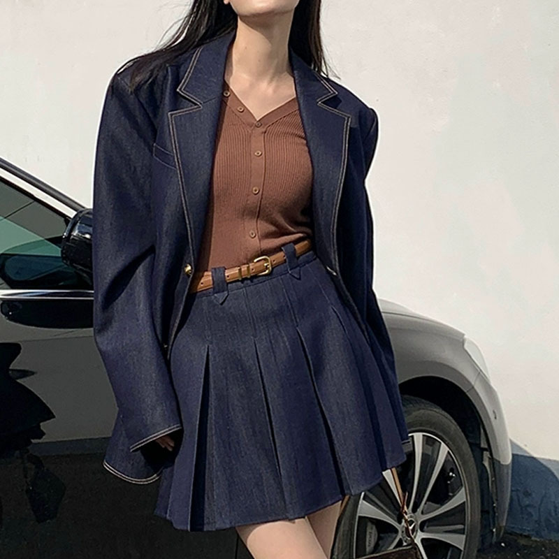 Special Clearance Retro Contrasting Color Imitation Denim Suit Jacket Women's Design Casual Suit Pleated Skirt Non-Returnable