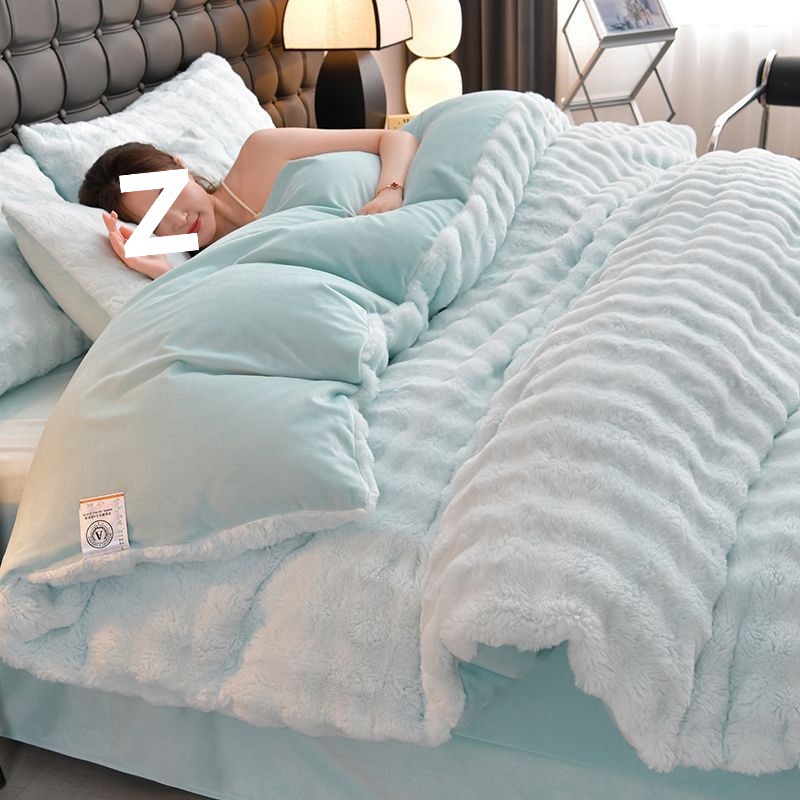 加厚兔毛绒四件套冬季保暖牛奶绒被套床单珊瑚绒双面绒三件套床品