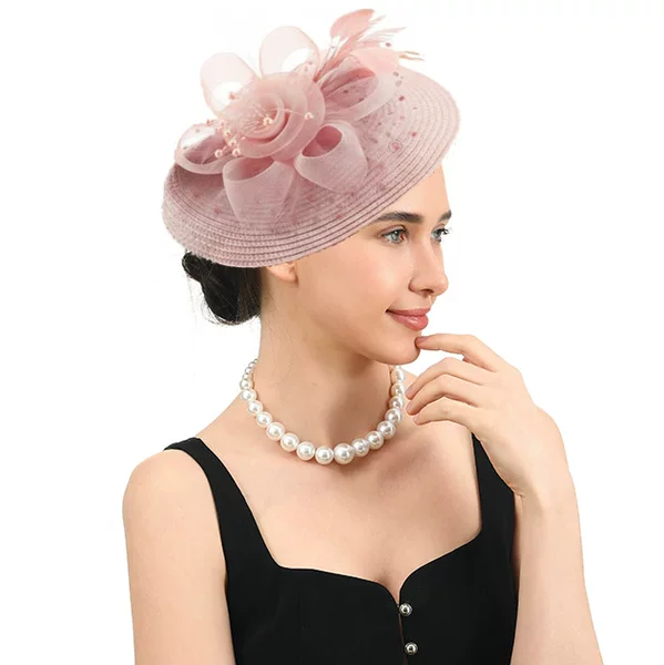Cross-Border Popular Polka Dot Hat with Mesh Flowers and Feathers, European and American Party and Dinner Headwear, Direct Supply from the Manufacturer