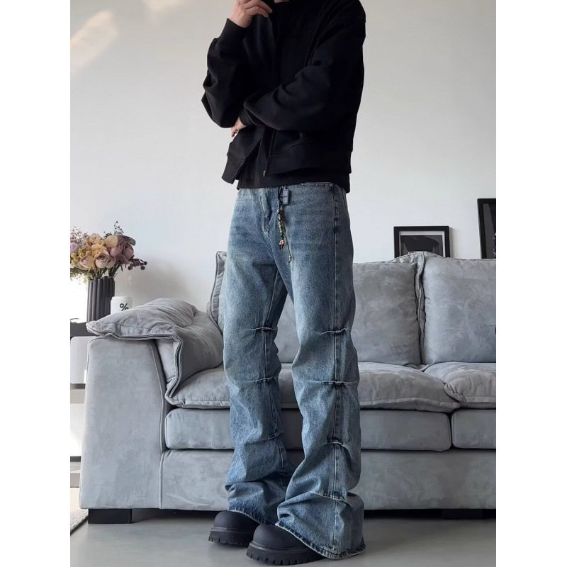 Men's Clothing high street side pleated design flared jeans loose distressed cleanfit wide leg trousers trend_voghion.com