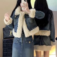 秋冬新款牛仔拉德冬季套装毛毛复古外套显瘦拼接短外套辣妹半身裙
