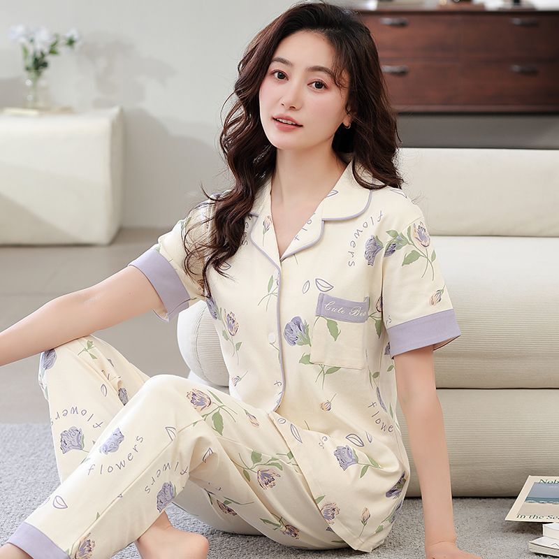 Pure Cotton Pajamas Women's Summer Short-sleeved Pants Two-piece Suit Spring and Summer Loose Casual Home Clothes for Outer Wearing