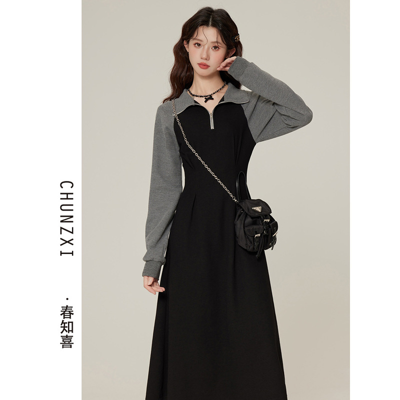 60221#春知喜秋季新款Polo领休闲连衣裙女显瘦气质收腰长袖卫衣裙|undefined