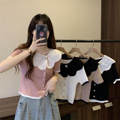 Contrast color lace collar gentle short-sleeved sweater for women summer new thin slim fit short top women's small shirt