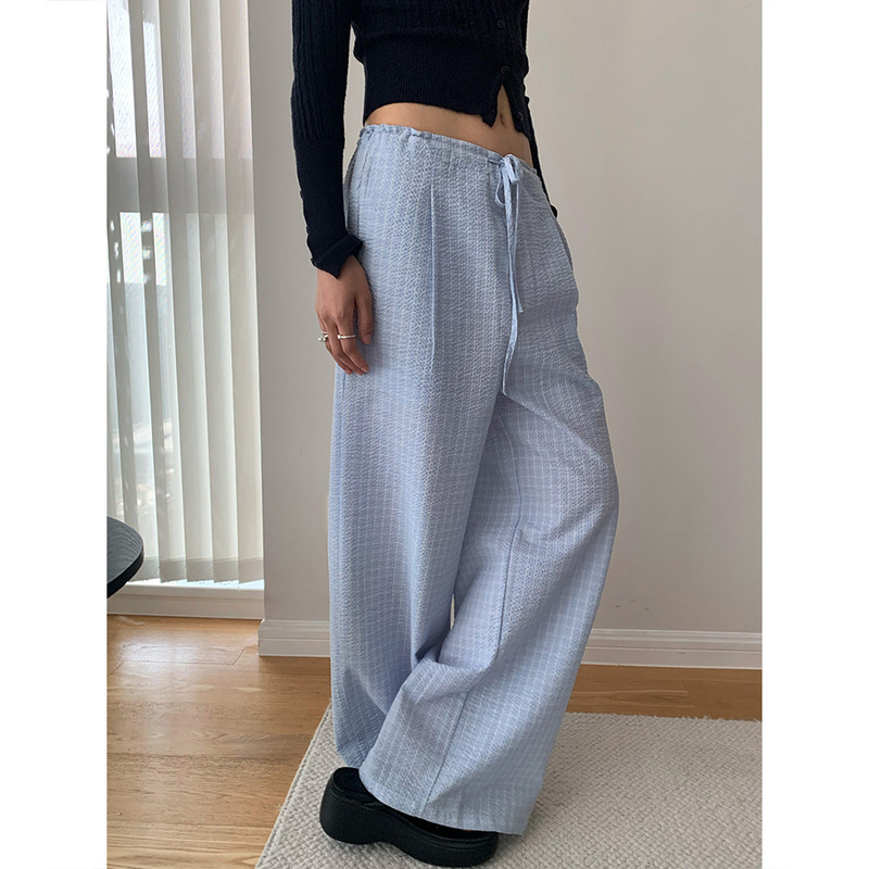 Dorothy's Summer Blogger Outfit: Bubble Cotton Drawstring Plaid Wide-Leg Pants, Lazy Floor-Length Plaid Low-Rise Casual Pants