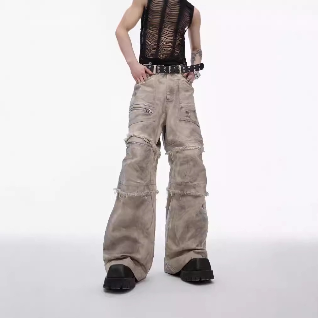 Design Sense Waste Soil Old Dirty Dye Crowd Pants Retro Destruction Rapped Casual Pants Heavy Industry Denim High Street Pants