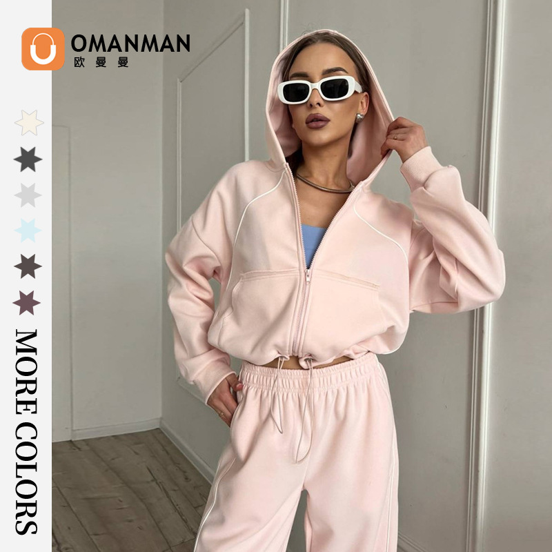 2026 Foreign Trade Amazon Cross-Border Casual Sports Women's Suit Solid Color Long-Sleeve Cardigan Jacket and Long Pants Two-Piece Set