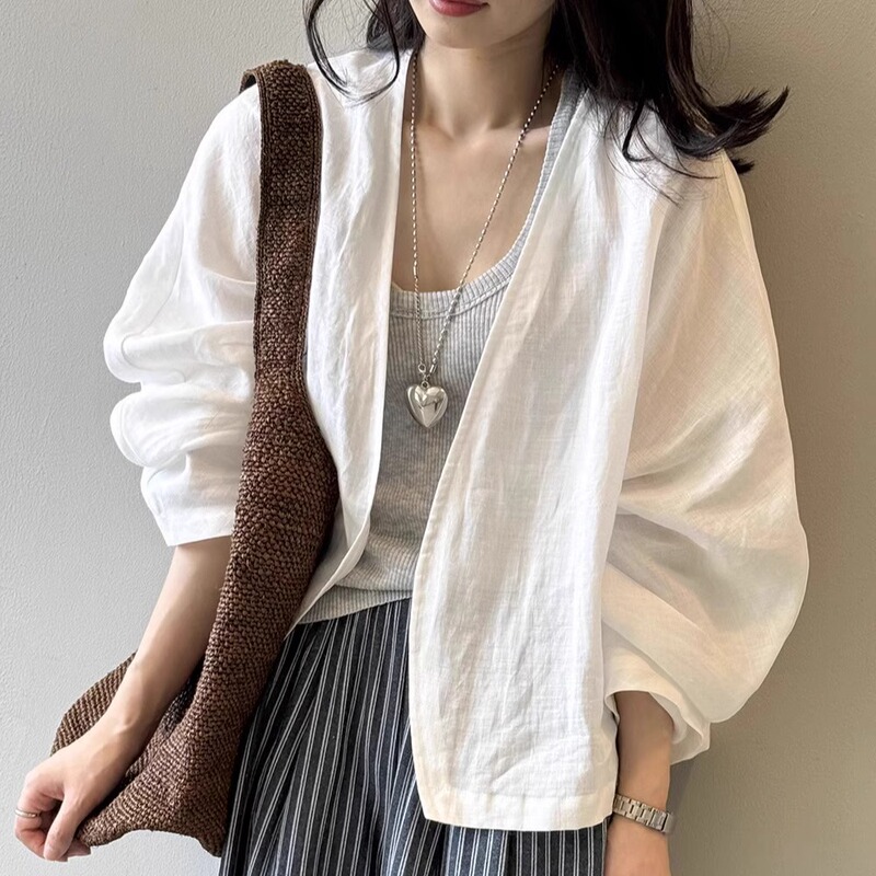 レトロ綿麻白いシャツコート女性夏文芸長袖カーディガン上着デザイン薄いゆるい日焼け止めシャツ|undefined