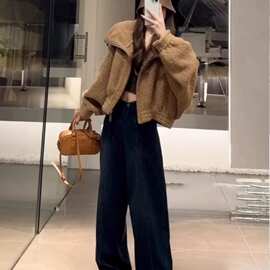 美拉德感炸街卡其色外套女网红秋冬时尚百搭仿羊羔毛短上衣女