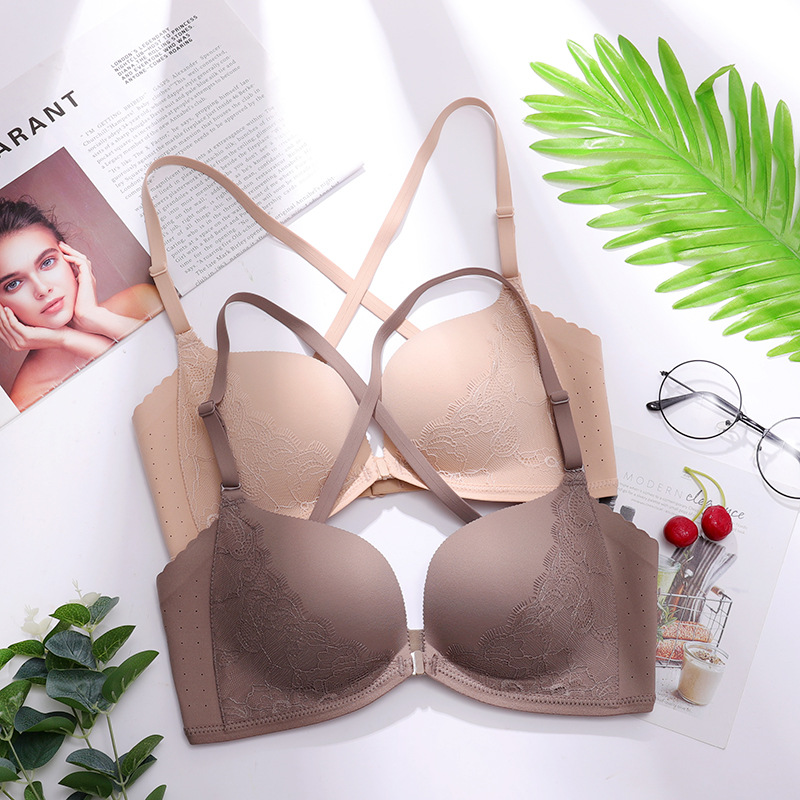 Sujetador inalámbrico de verano cómodo transpirable push-up mama belleza espalda encaje frontal hebilla ropa interior para mujeres delgadas 3223