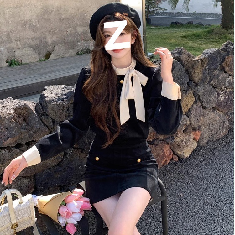 富家千金スーツの女性の小香蝶結びのベルベットのコート秋の冬の高腰の半身のスカートの短いスカートの2つのセット|undefined