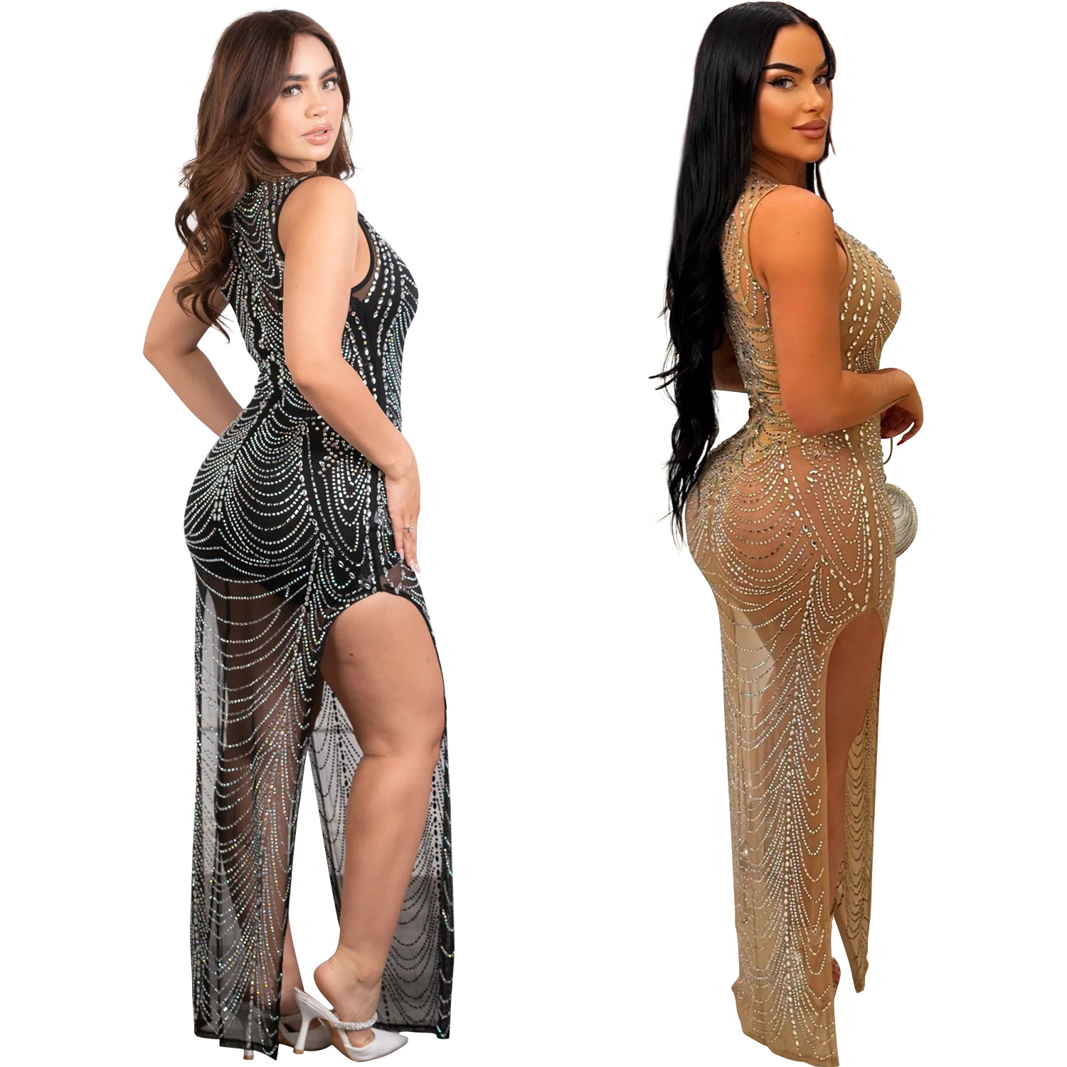 C6733 transfronteriza AliExpress Amazon moda europea y americana de las mujeres de color sólido malla rhinestone vestido sin mangas vestido image 7