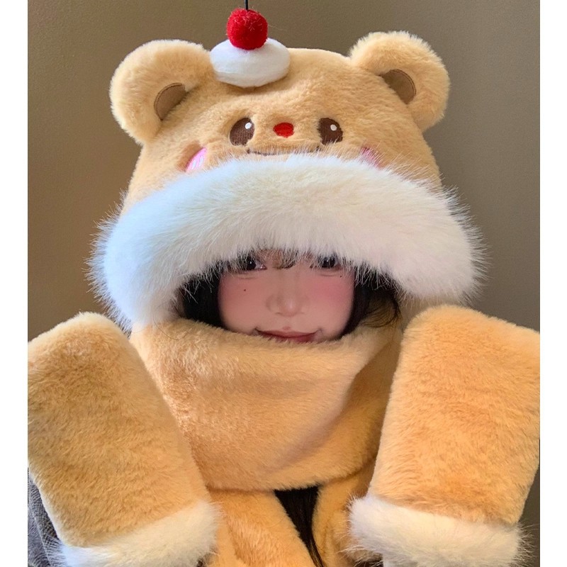 蛋糕小熊毛绒帽子围巾一体女冬季可爱防寒加厚保暖围脖手套三件套