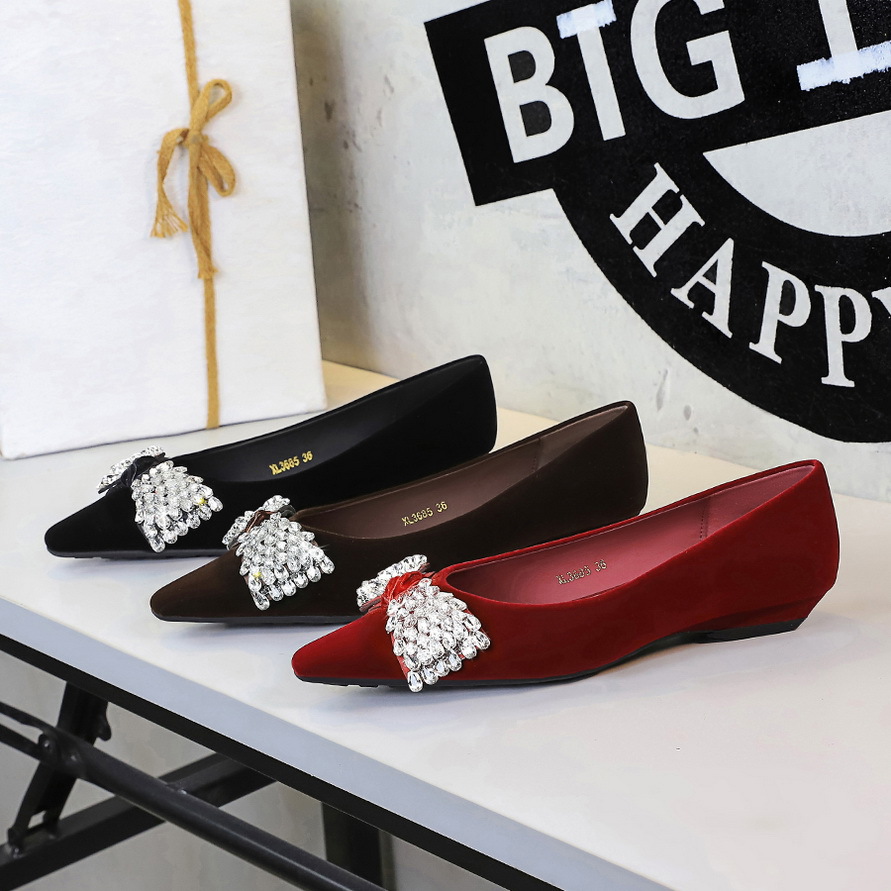 3685-H103 French-style Commuting Women's Versatile Sheepskin Velvet Rhinestone Bow Wedge Heel Elegant Pointed Toe Small_vogvips.com