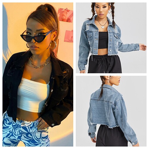 YT030#Amazon Cross-Border Women's Wear INS Casual Loose-Fit Distressed Long-Sleeve Cropped Denim Jacket