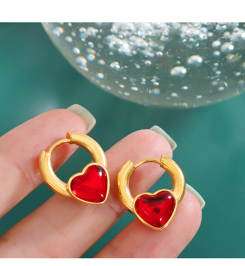 Fashion Heart Shape Titanium Steel Earrings Inlay Artificial Gemstones Stainless Steel Earrings display picture 2