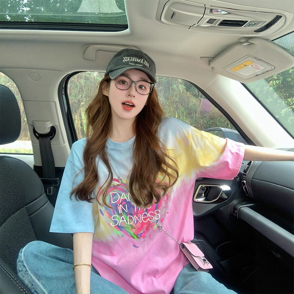 纯棉/夏日多巴胺彩色渐变短袖t恤女夏季新款宽松大码女装扎染上衣