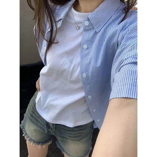 Summer deep blue striped women's short-sleeve Japanese-inspired fresh and effortless versatile blouses, slimming top trendy