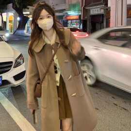 牛角扣日系毛呢外套女大衣秋冬季新款呢子大衣小个子加厚中长款女