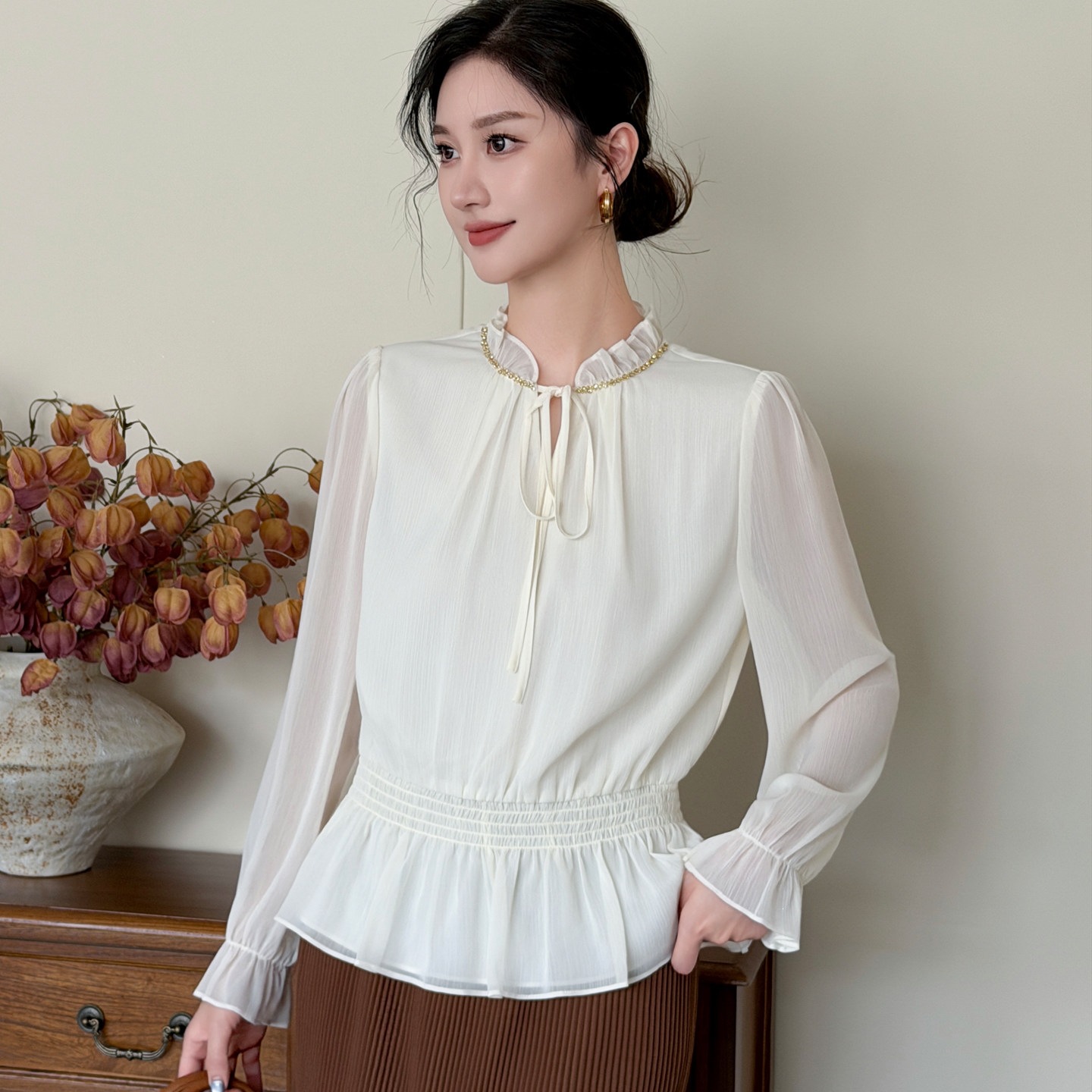2026 Autumn New Style Long-Sleeved Chiffon Blouse for Women, Stand Collar, Ruffled Trim Top 9856
