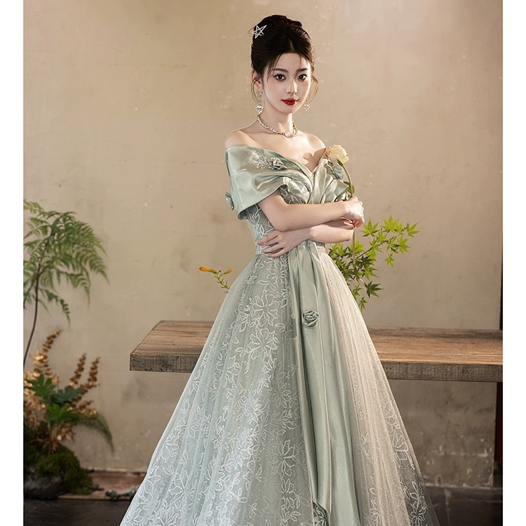 Vestido de noche para examen de canto estudiantil, estilo nuevo 2026, con hombros descubiertos, largo y elegante, para sesión de fotos de graduación